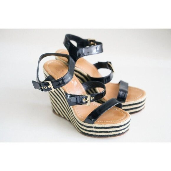 NEW Kate Spade Classic Black PAtent Leather Striped Wedge Espadrilles 10 - Picture 2 of 8